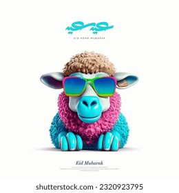 colorful Sheep with sunglasses For Eid adha Mubarak - Arabic translation: Eid Adha Mubarak 