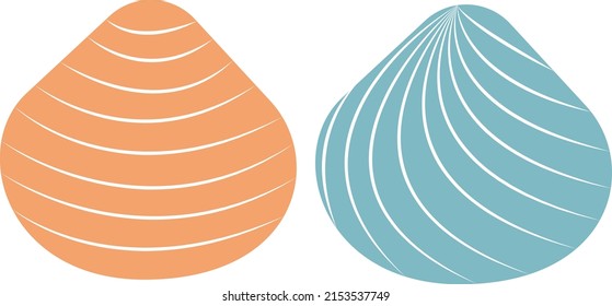 Colorful shell. Isolated scallop on white background. Vector set of orange and blue seashells