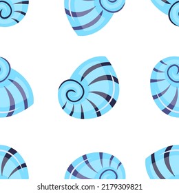 Coloridos moluscos sin fisuras sobre fondo blanco. Ilustración vectorial. conchas submarinas de conchas marinas. Concepto de verano con conchas. Patrón de conchas de caricatura brillante, naturaleza acuática.