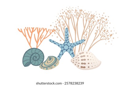 Colorful Shells and Starfish Underwater Illustration with Vibrant Marine Life Elements Vector illustration on white background