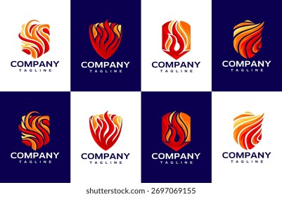 Colorido escudo fuego flama logo branding set