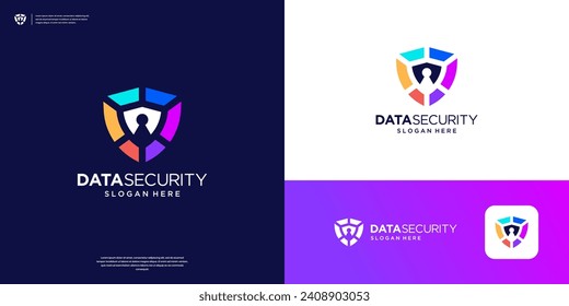 Escudo colorido con el agujero de la cerradura. Logo de seguridad para la protección de datos de privacidad.