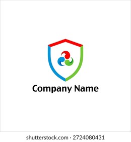 Colorful shield logo with three swirling shapes inside, symbolizing unity and protection, on a white background with 'Company Name' text below.