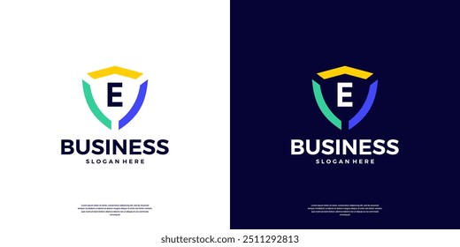 Colorful shield security with letter E mark logo design.