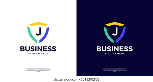 Segurança de escudo colorido com letra J marca logotipo design.