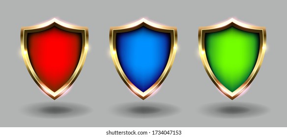 Coloridos escudos establecidos, fondo gris. Abrigos rojos, azules y verdes de armas ilustraciones vectoriales realistas. Concepto de seguridad y protección