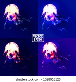 Colorful shimmering jellyfish swimming in deep blue ocean. Vector illustration of wildlife inhabitant for poster, card, background, post about Red Book animals. Four frames with different coloring