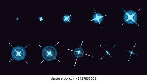 Animación de dibujos animados de brillo colorido. Cielo nocturno con estrellas y relámpagos brillantes, efecto especial mágico fotograma por fotograma activo del videojuego. Conjunto aislado del vector de la ilustración del efecto brillante de la luz