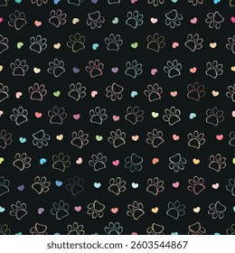Colorful shining black paw prints seamless pattern black background