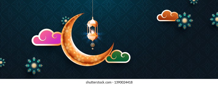 Colorful shining illustration of lantern, moon, and sky on Ramadan Kareem on gray background header banner or poster design.
