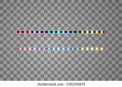 Coloridas franjas vectoriales de led brillante, iluminación de neón sobre fondo transparente