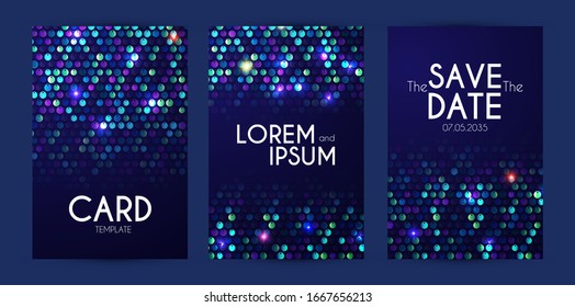 Colorful shining sequins flyer design template set. Abstract poster collection.