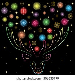 Colorful Shinning Snowflakes  Between Deer's Horns. Hand Drawn Rainbow Colored Silhouette of Reindeer. Perfect for Festive Design..Vector Illustration.