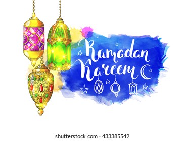 Colorful shiny arabic lanterns.  Islamic holiday vector background. Ink hand drawn inscription Ramadan Kareem. Typography. Brush lettering. Calligraphy. Handwritten. Watercolor.