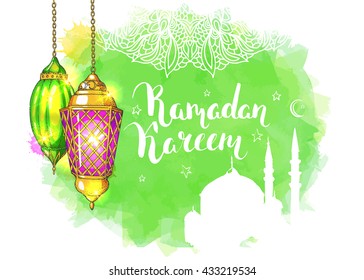 Colorful shiny arabic lanterns and mosque.  Islamic watercolor vector background. Ink hand drawn inscription Ramadan Kareem. Typography. Brush lettering. Calligraphy. Handwritten.