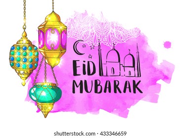 Colorful shiny arabic lanterns and mosque. Ramadan Kareem card. Islamic holiday vector background. Ink hand drawn inscription Eid Mubarak.  Brush lettering. Calligraphy. Handwritten. Watercolor.