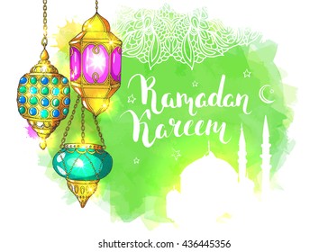 Colorful shiny arabic lanterns and mosque. Islamic watercolor vector background. Ink hand drawn inscription Ramadan Kareem. Typography. Brush lettering. Calligraphy. Handwritten.