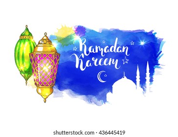 Colorful shiny arabic lanterns and mosque. Islamic watercolor vector background. Ink hand drawn inscription Ramadan Kareem. Blue night sky. Brush lettering. Calligraphy. Handwritten.