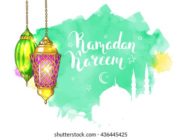 Colorful shiny arabic lanterns and mosque.  Islamic watercolor vector background. Ink hand drawn inscription Ramadan Kareem. Typography. Brush lettering. Calligraphy. Handwritten.