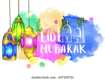 Colorful shiny arabic lanterns and mosque. Ramadan Kareem. Islamic holiday vector background. Ink hand drawn inscription Eid Mubarak.  Brush lettering. Calligraphy.  Watercolor.