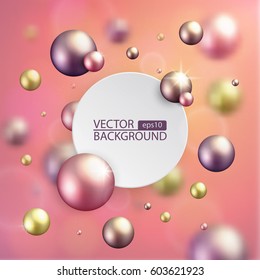 Colorful shiny balls in space with a round banner for your text. Vector illustration.