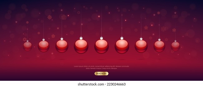 Colorful Shiny Christmas Balls on Red Background with Snowflakes. Merry Christmas and Happy New Year vector illustration.