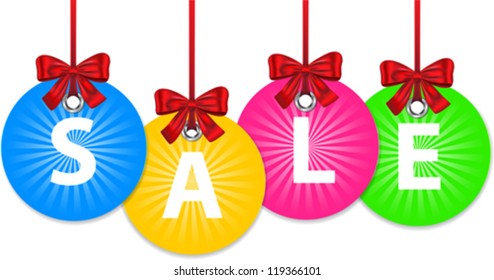 Colorful shiny Christmas balls tied with red bow and with the word sale. New year shopping labels. Vector
