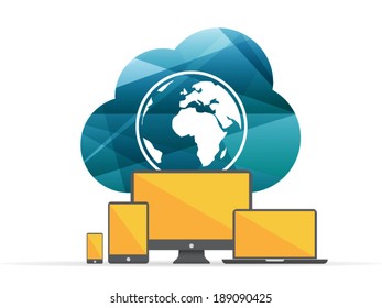 Colorful shiny geometric cloud computing sign with globe and digital devices. Technology concept. Vector graphic illustration template. Isolated on white background.