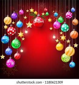 Colorful shiny and glitter star and Christmas balls hanging decoration on red background with golden snowflakes, Merry Christmas greeting party concept with copy space.