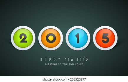 Colorful shiny icons with text 2015 on dark grey background for Happy New Year celebration.