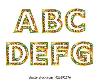 Colorful shiny letters A, B, C, D, E, F, G
