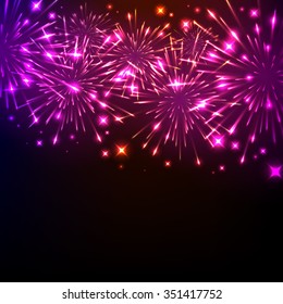 Colorful shiny realistic fireworks background. Vector illustration. Celebration holiday design.