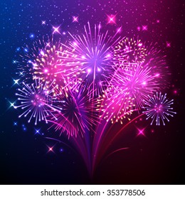 Colorful Shiny Realistic Fireworks Bunch Background. Vector Illustration. Celebration Holiday Design.