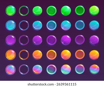 Colorful shiny slimy round buttons and frames. Set of cartoon jelly ui assets. Glossy elegance bubble assets for web or game design. Vector illustration.