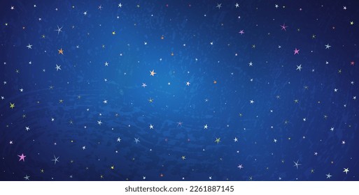 Colorful shiny stars in the night sky, outer space background for kids. Starry cosmos background for children. Hand drawn artistic textured bedtime and sleep illustration with stars.