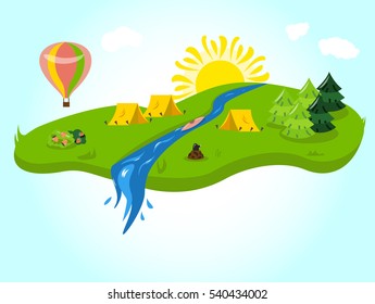 Colorful and shiny vector landscape island on the air in sunshine summer camp with hot air balloon and kayak on the blue healthy river in nature