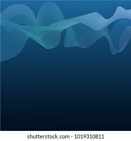 Colorful shiny wave with lines created using blend tool. Elegant abstract curves light blue, green and white lines on dark blue gradient  background . Vector illustration. The good background for your