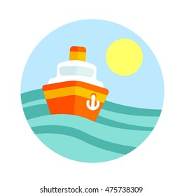 Colorful ship at sea with the sun in stylish colors. Flat design elements for mobile and web applications. Isolated on white background.