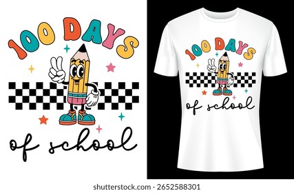 Design de camisa colorida comemorando 100 dias de escola com um lápis de caricatura alegre, ótimo para professores e alunos que comemoram este marco.