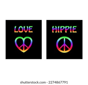 Colorful shirt prints in rainbow colors with heart shape, hippie peace symbol, love and hippie word on black background. Fashion design for t-shirt, hoodies, bag, poster, scrapbook, sweatshirt