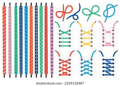 Colorful shoelaces flat icons set. Different colors laces for sneakers. Knot with bow. Thin cord for fastening shoes. Color isolated illustrations