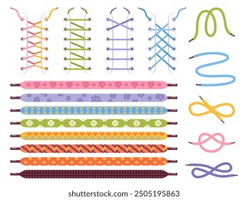 Colorful shoelaces. Shoe lace footwear string tying, foot wear laces knot boot rope tie cord join pull tied shoelace sneaker clothing sport lacing, set swanky vector illustration original artwork