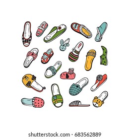 Colorful Shoes Vector Set. Hand drawn doodle female, male and children's House Slippers