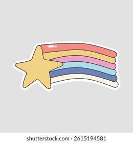 Colorful Shooting Star Vector Illustration Sticker. A vibrant vector illustration sticker featuring a golden shooting star with a rainbow trail in pastel colors, perfect for adding a whimsical touch