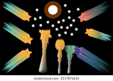 Colorful Shooting Stars and Central Celestial Object on Black Background