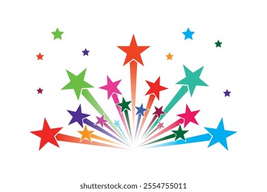 Colorful shooting stars icon on white background. Fireworks star icon. Flying comet with tail. Star Logo. Vector Illustration.
