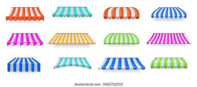 Colorful shop canopy. Striped sunshades for storefronts, market stalls and cafes, 3D awning vector set of cafe canopy, market shop, store sunshade awning illustration