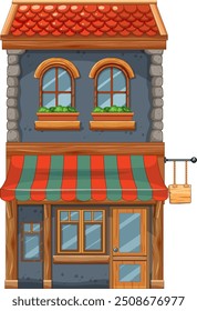 Colorful shop with striped awning and windows