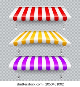 Colorful shop sunshade with metal mount. Realistic striped cafe awning. Outdoor market tent. Roof canopy. Summer street store. Vector illustration.