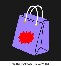 Colorful shopping bag with bold red label on a black background showcasing creative design elements and modern aesthetics